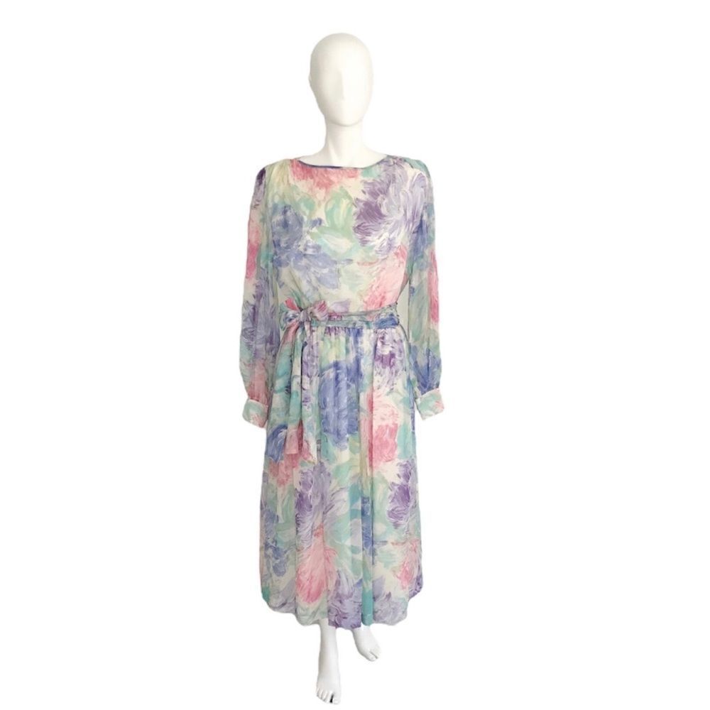 VNT 80’s Anne Crimmins For Umi Collection Silk Pastels Chiffon Dress size 8 - Picture 3 of 11